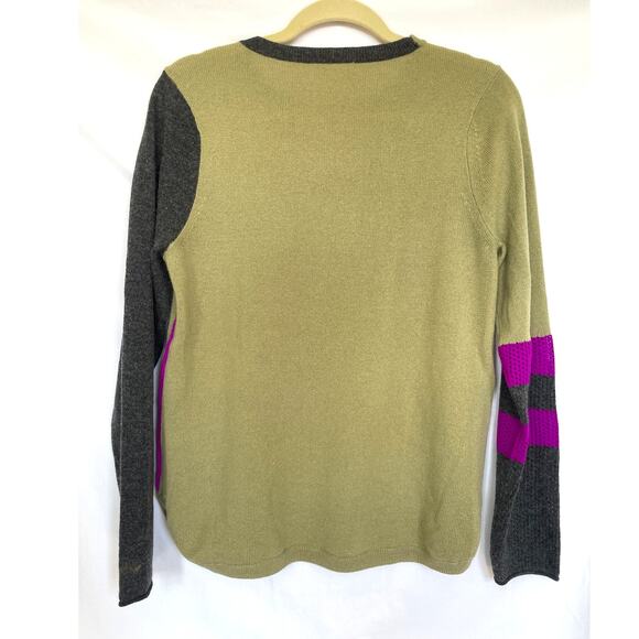 Lisa Todd Wool Cashmere Olive Green Purple Colorblock Crew Sweater, Medium - Picture 2 of 5